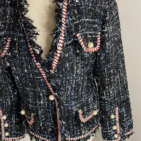 Sans Souci Blazer Jacket Blue Metallic Pearl Buttons Large - Picture 6 of 12